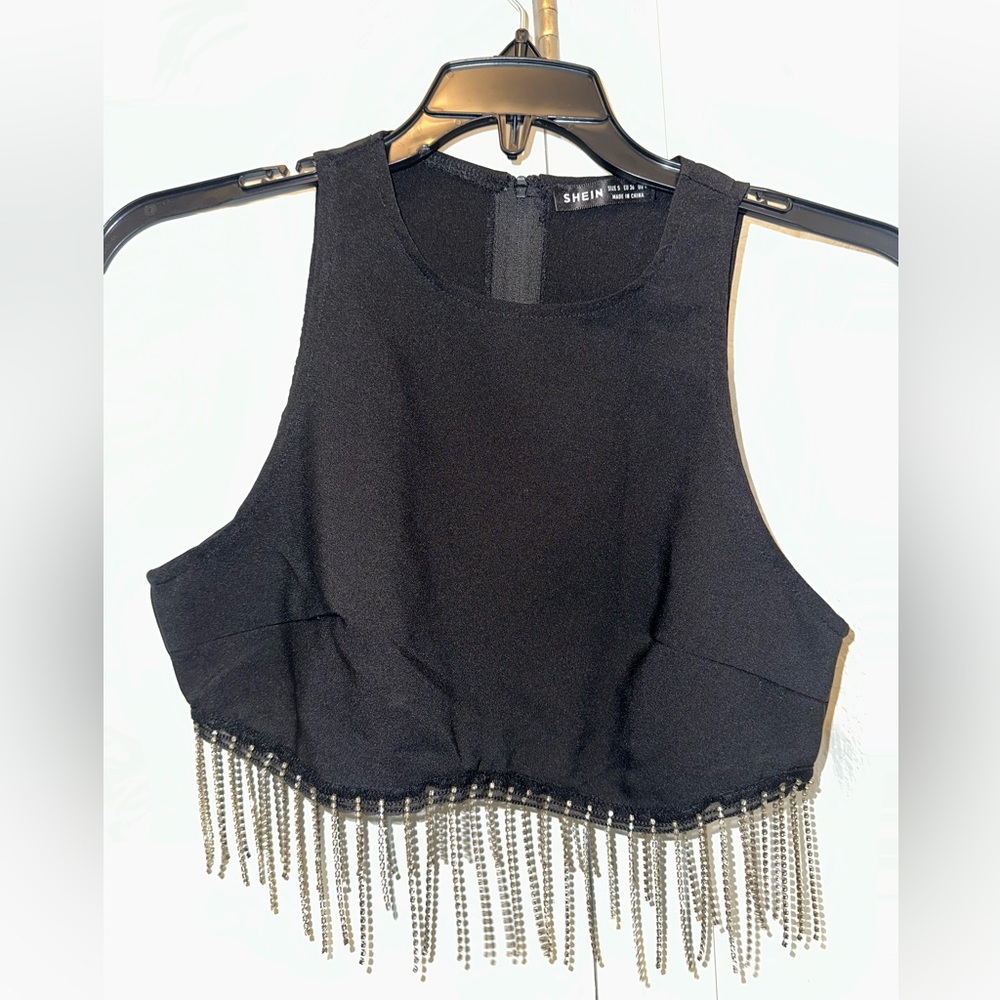 Black Fringe Crop Top | Back Zip | Party / Festival Top | SHEIN